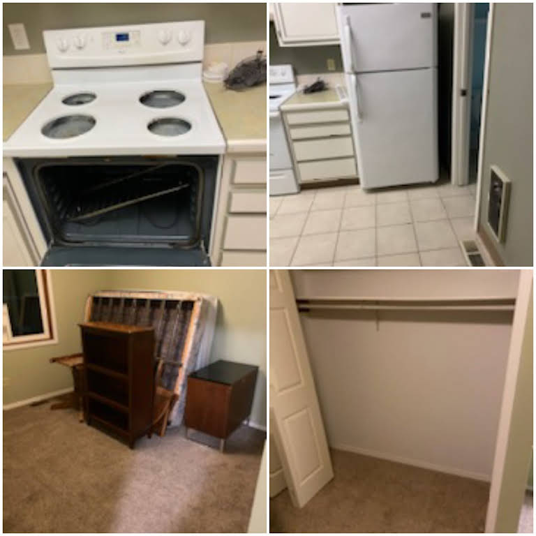 Collage image showing a residential kitchen After: Sparkling clean stove and fridge, with wooden utensils arranged neatly