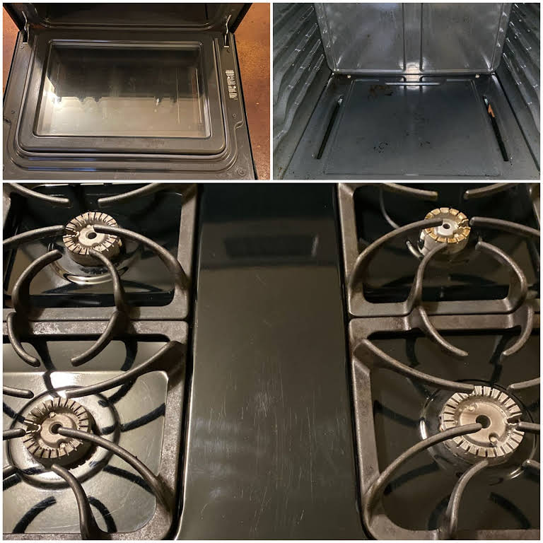 Collage image displaying a gas stove after professional cleaning services. The stove gleams with cleanliness, free from any grease or grime