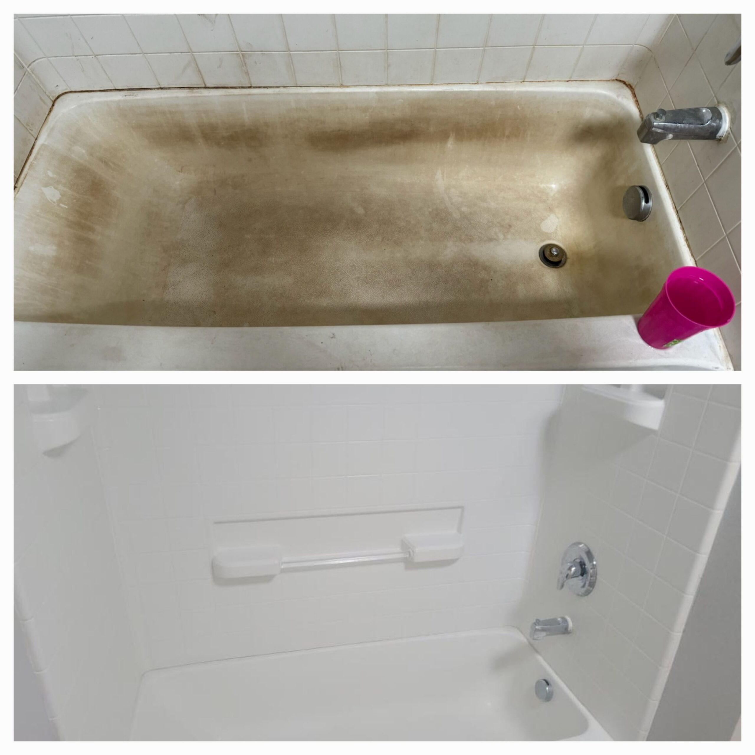 Before and after pictures of a bathtub and a toilet in a bathroom