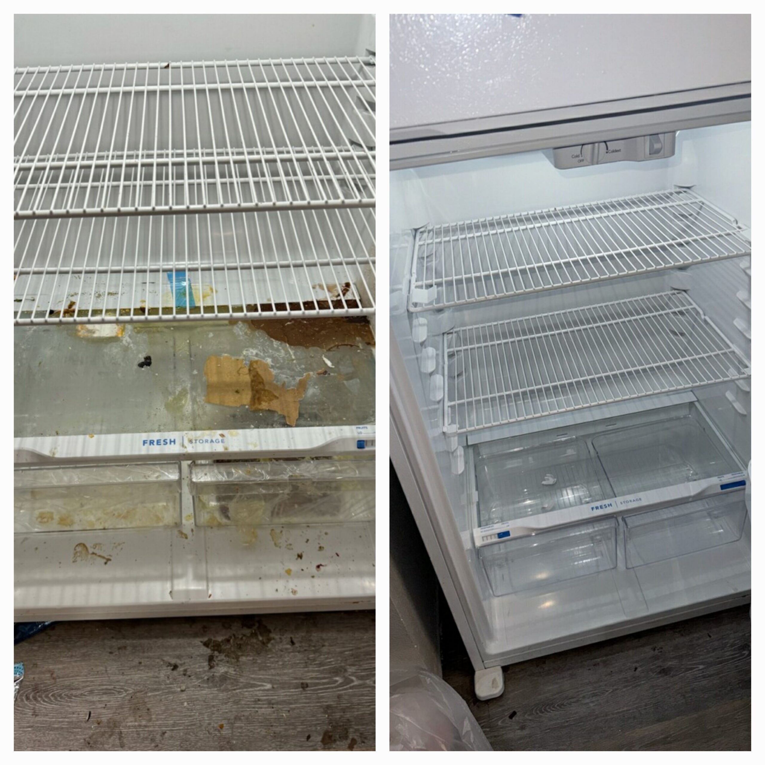 Before and after pictures of a refrigerator with the door open